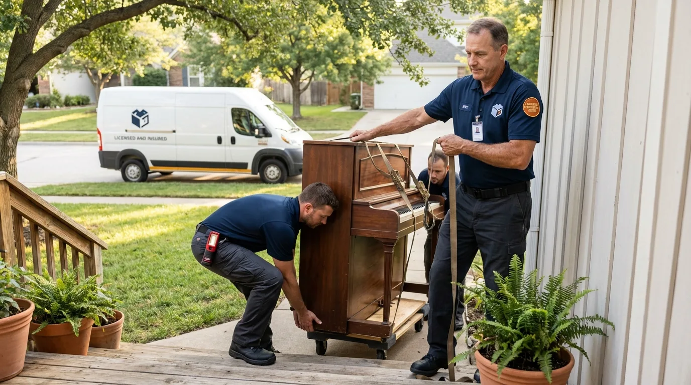 Licensed piano movers securing grand piano in Hatboro, PA