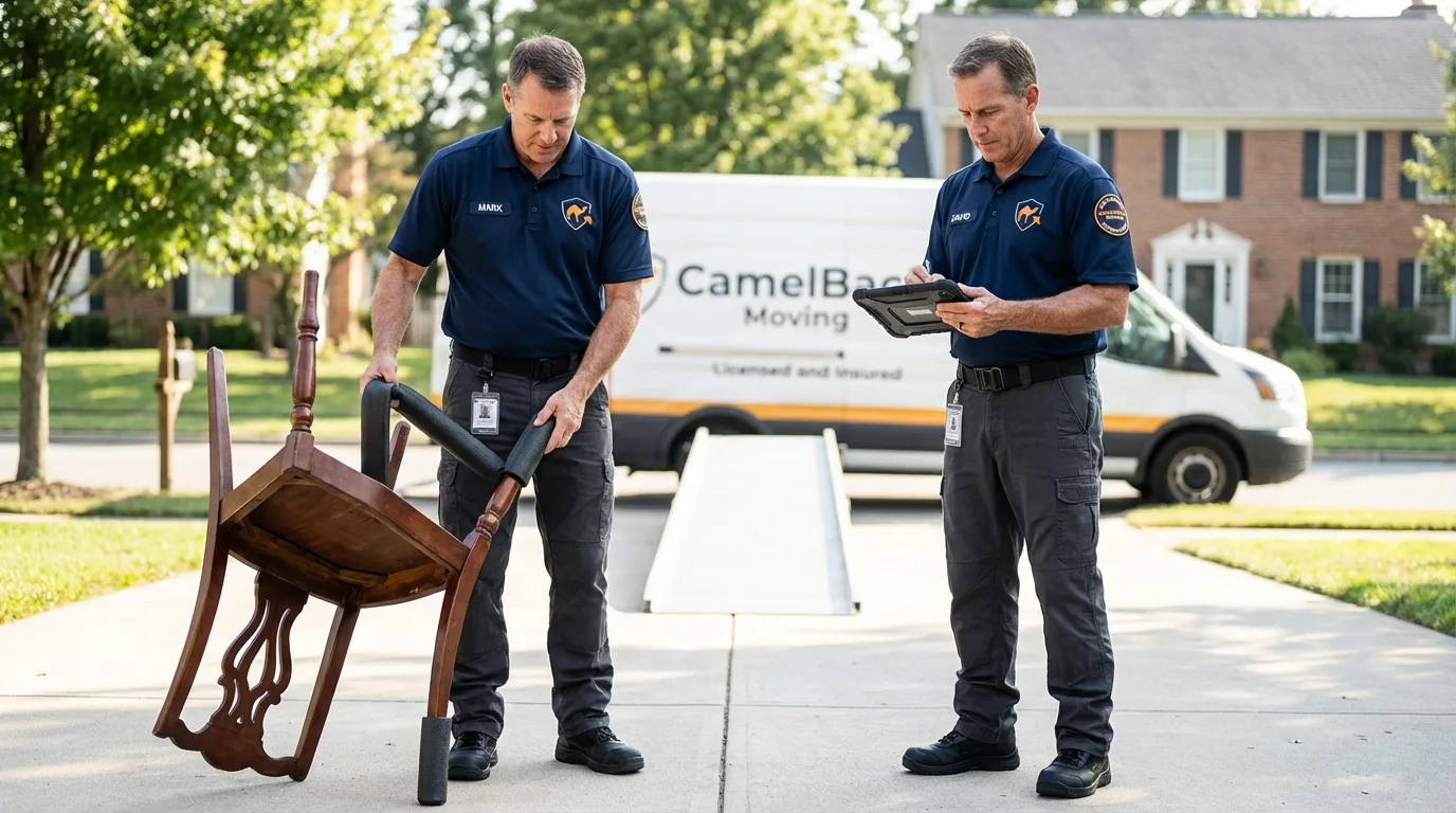 Movers inspecting furniture for damage prevention before loading in Hatboro, PA