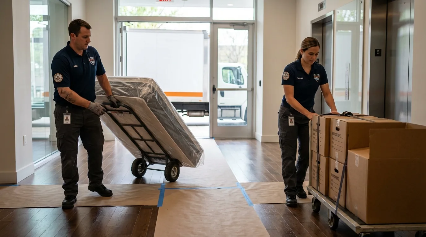 Professional apartment movers loading elevator in Hatboro, PA